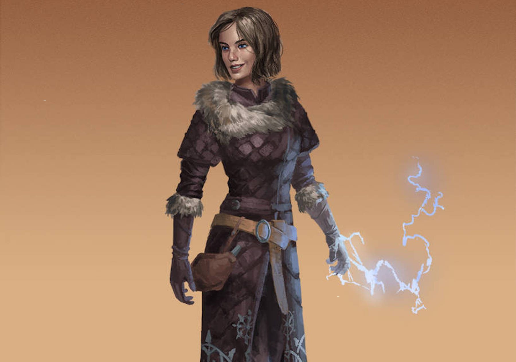 A human monk, female, in brown and gray armor against amber background smiling.