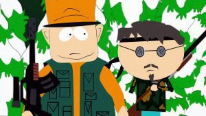 Jimbo and Ned from South Park standing in snowy forest.