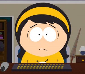 Leslie Meyers from South Park looking wide-eyed and alarmed at her computer.