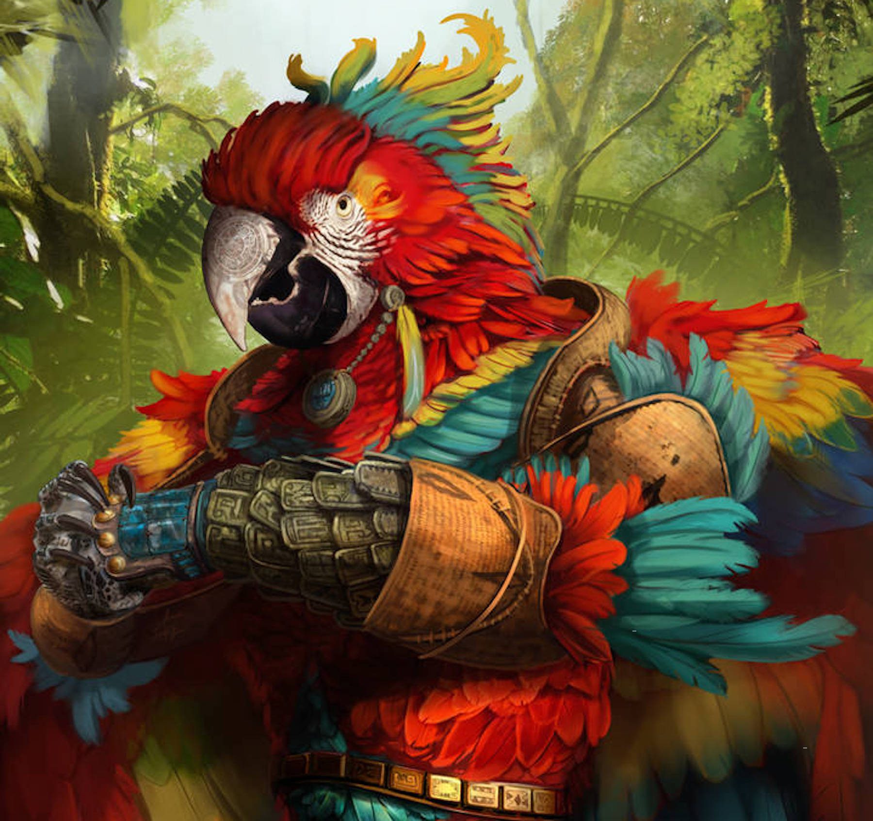 A red macaw monk from Dungeons and Dragons of a fighting subclass in a jungle or forest background.