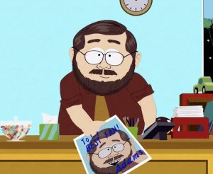 Mr. Adams from South Park standing behind desk handing over a headshot.