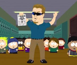 PC Principal standing in the halls of South Park Elementary among child characters, yelling about a flyer.