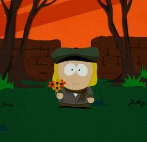 Pip from South Park standing in a field at sunset holding flowers.