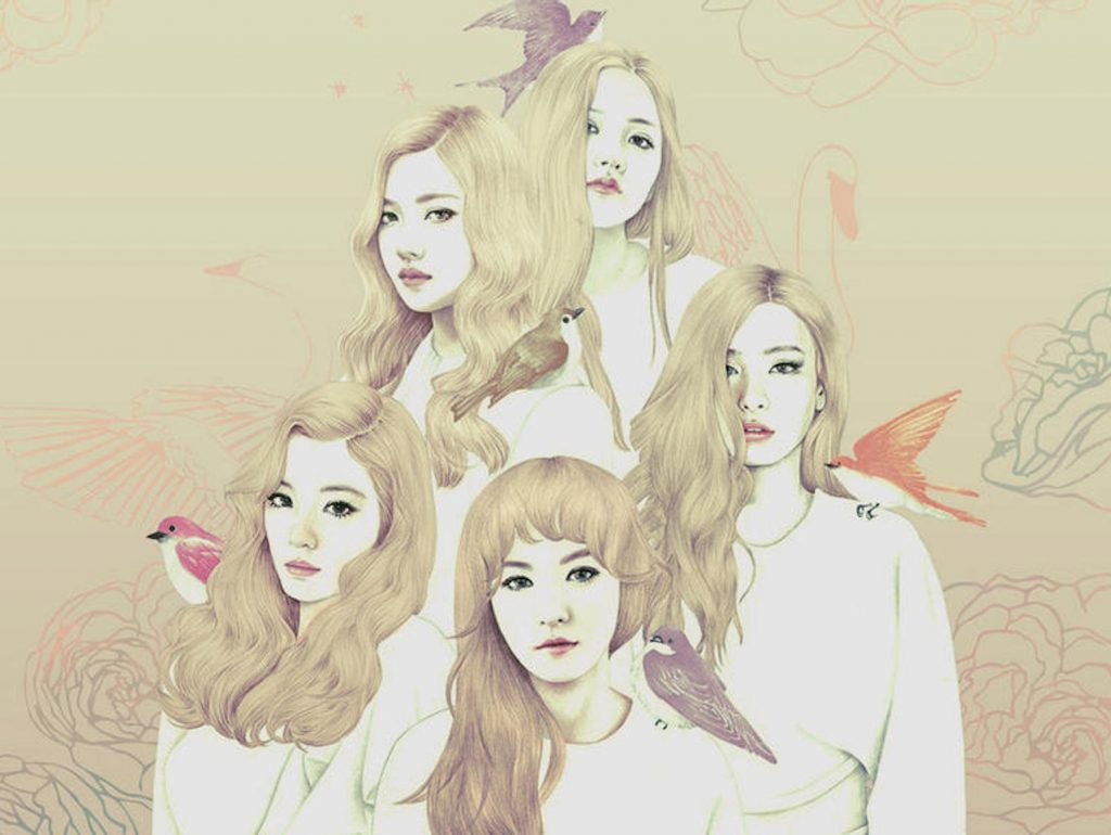 K-pop group Red Velvet pencil drawing in sepia, white, red, and pink.