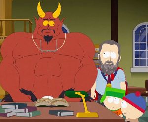 Satan from South Park sitting at library table with boys.