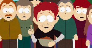 Scott Tenorman amidst other South Park characters, horrified upon learning he's eating his parents remains cooked into a chili.
