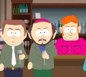 Stephen Stotch, Gerald Broflovski, and Skeeter stare angrily in a bar.