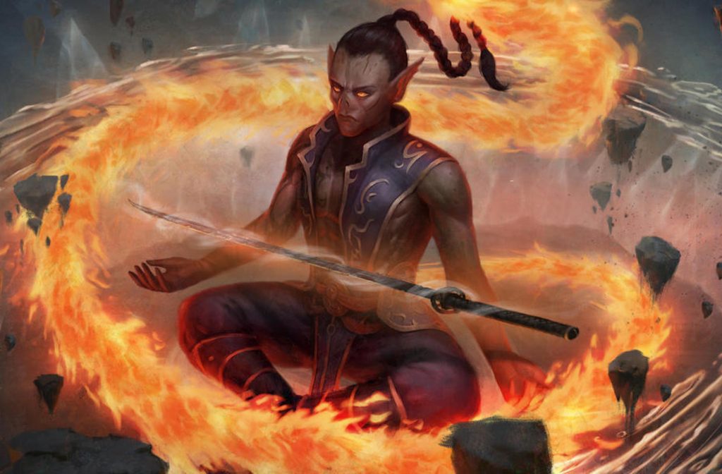 Elemental subclass monk with fire element swirling around them while they maintain meditative yet fierce pose.