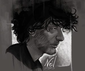 Black and white sketch of fantasy author Neil Gaiman in profile.