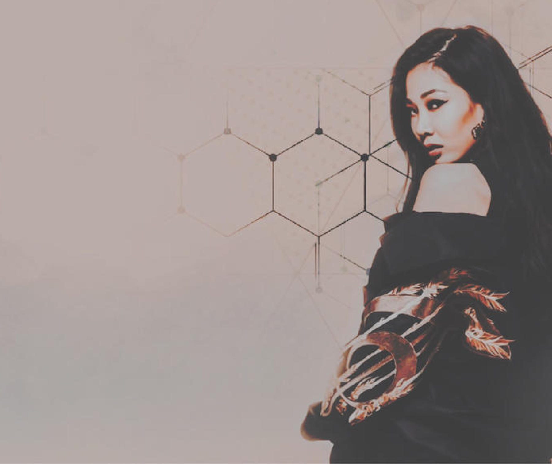 K-pop soloist Jessi with dark hair against beige background and geometric shapes.