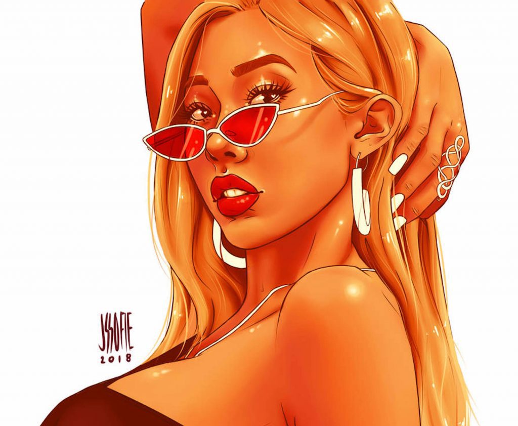 K-pop idol Jessi with blonde hair and sunglasses in a strapless dress, cartoon style art.