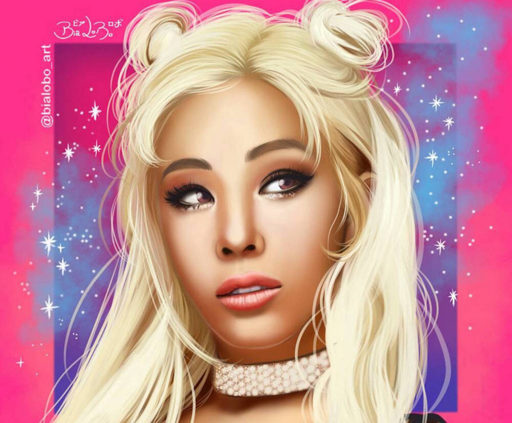 K-pop star Jessi Ho with platinum blonde hair in dual buns wearing a diamond choker necklace, against a bright pink and purple background.