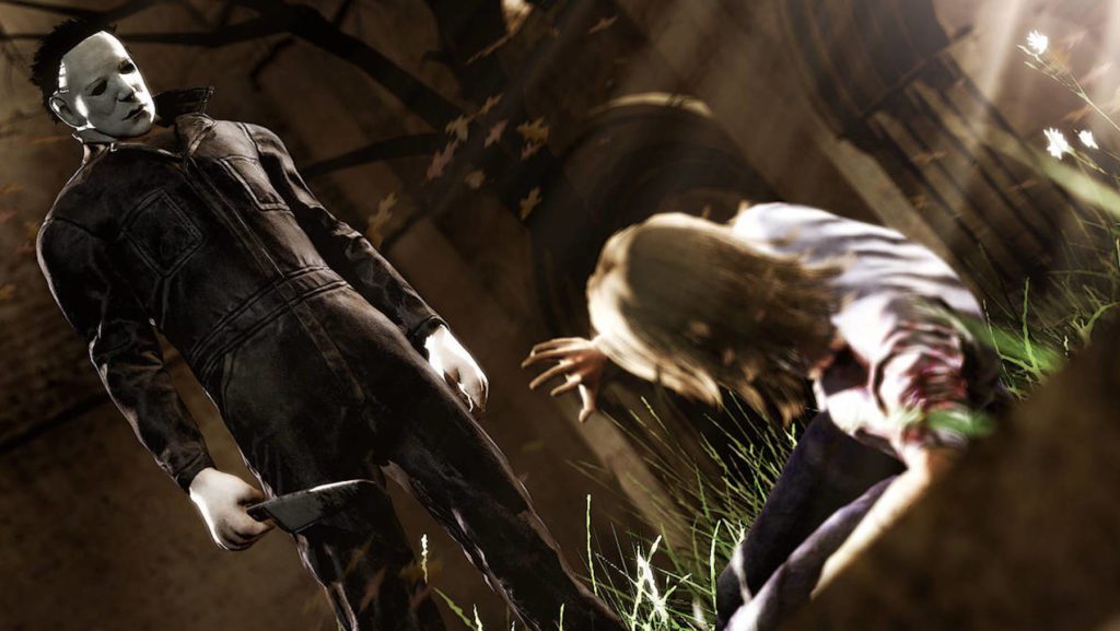 Michael Myers standing over terrified Laurie Strode, the final girl from the Halloween franchise.