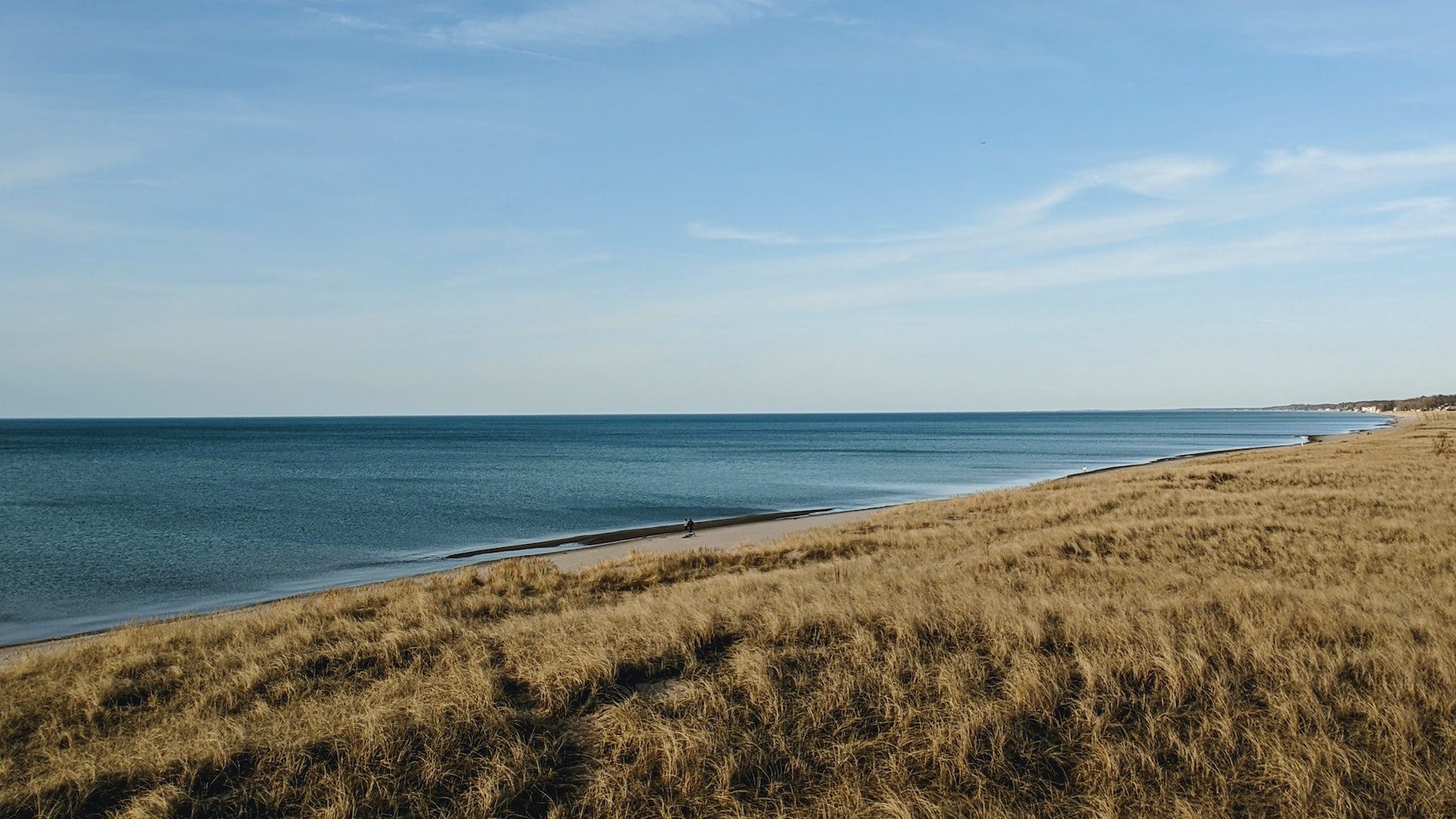 The shoreline of Lake Michigan near Indiana Dunes on a bright, clear day.