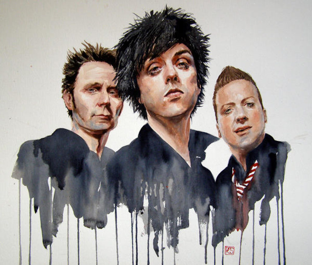 Fan art of American rock band Green Day, watercolor style with paint dripping down.