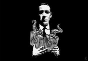 Fan art of H.P. Lovecraft holding a book featuring one of his short stories emerging from the pages. (Image from Jack-Burton25 on Deviant Art.)