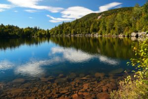 Crystal-clear, still lake in the Adirondack Mountains in New York, US.