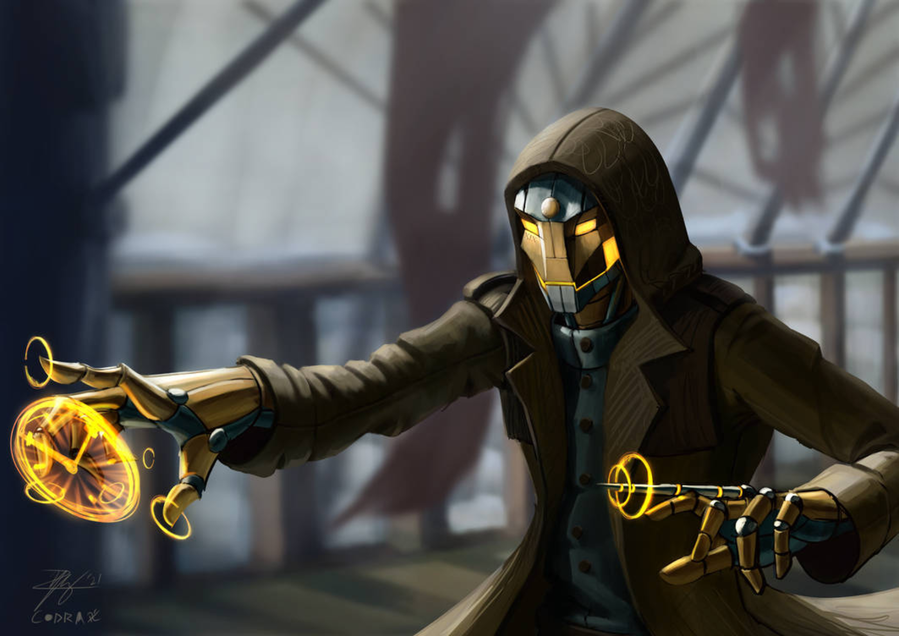 An artist rendition of a robotic clockwork sorcerer from dungeons and dragons. Artwork done by CODRAX on Deviant Art.