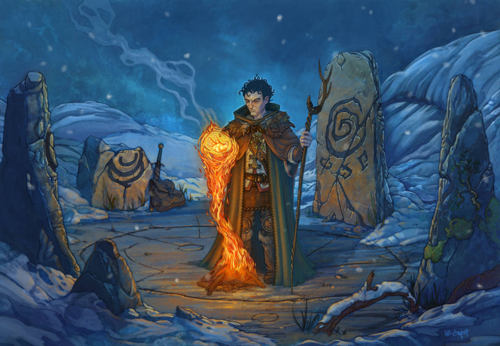 A depiction of a Dungeons and dragons sorcerer performing a spell at a ruined circular altar. Image by LeeSmith on Deviant Art
