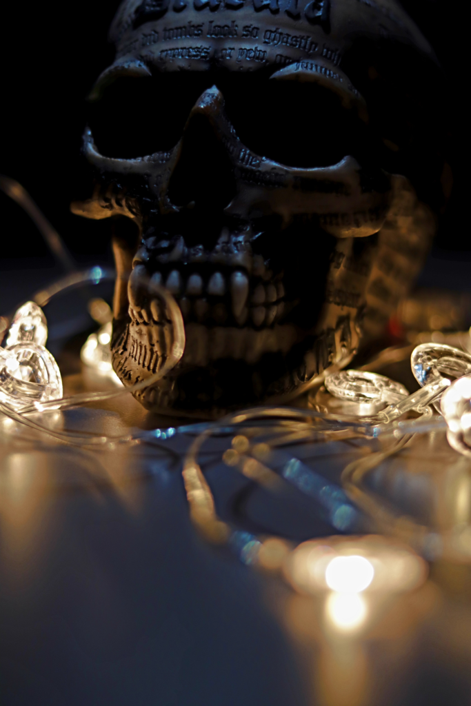 A skull with vampire-like teeth upon a table surrounded by fairy lights. Photo by Justin Arkinson on Unsplash