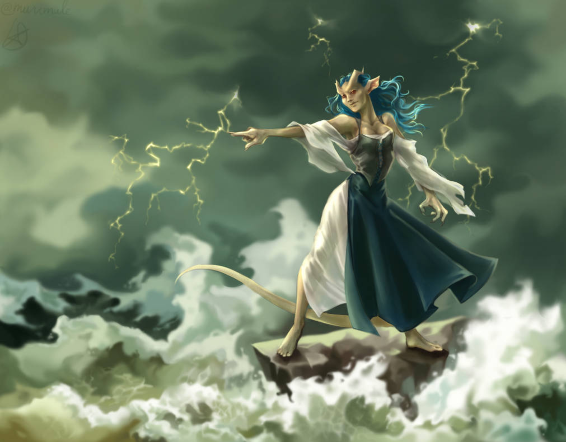 An artist depiction of a storm sorcerer in the popular game Dungeons and Dragons. Artwork done by Murrmule on Deviant Art.