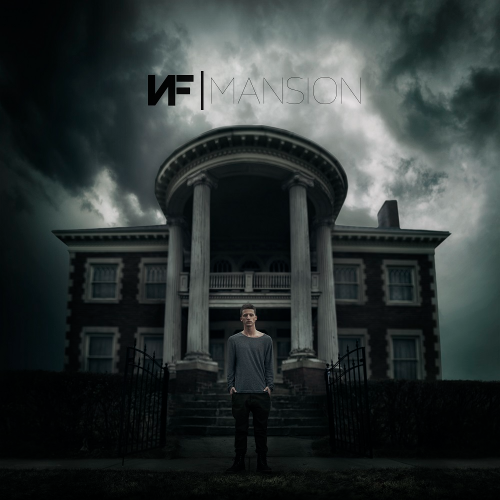 NF's Mansion album cover art. Picture in NF standing by himself in front of an older brick mansion