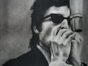 black and white drawing of Bob Dylan wearing dark glasses while playing the harmonica in front of a microphone