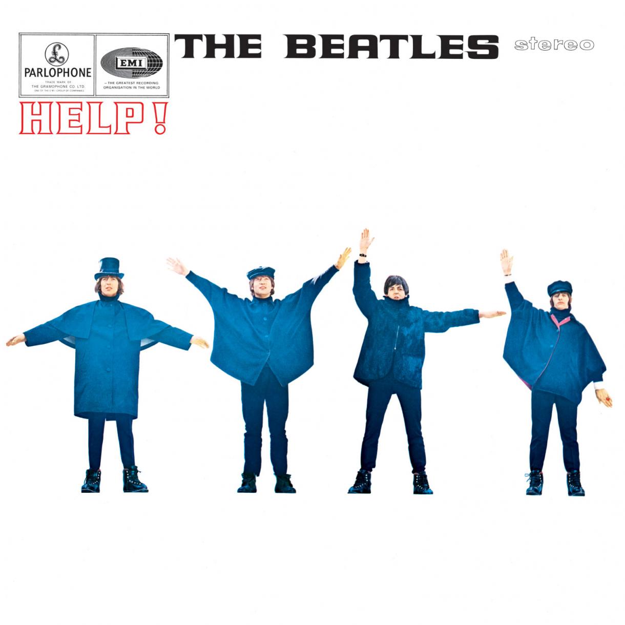 "Help!" by The Beatles album cover. Members of the band are wearing oversized blue coats standing against a white background with their arms in various poses.