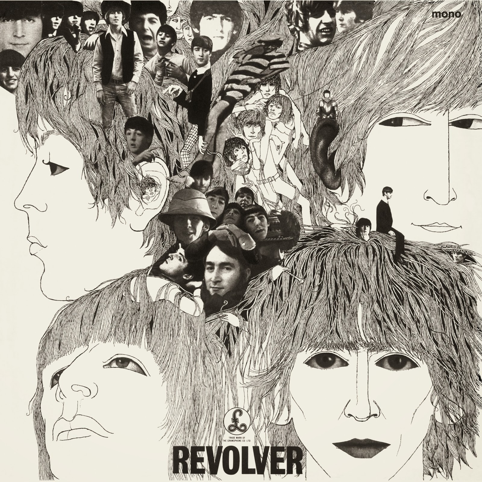 "Revolver" by The Beatles album cover. Various pictures of the members are placed around the cover scrapbook style while large, pencil drawn portraits make the bulk of the cover