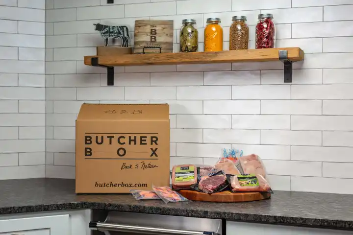 Butcher box subscription on top of a kitchen countertop