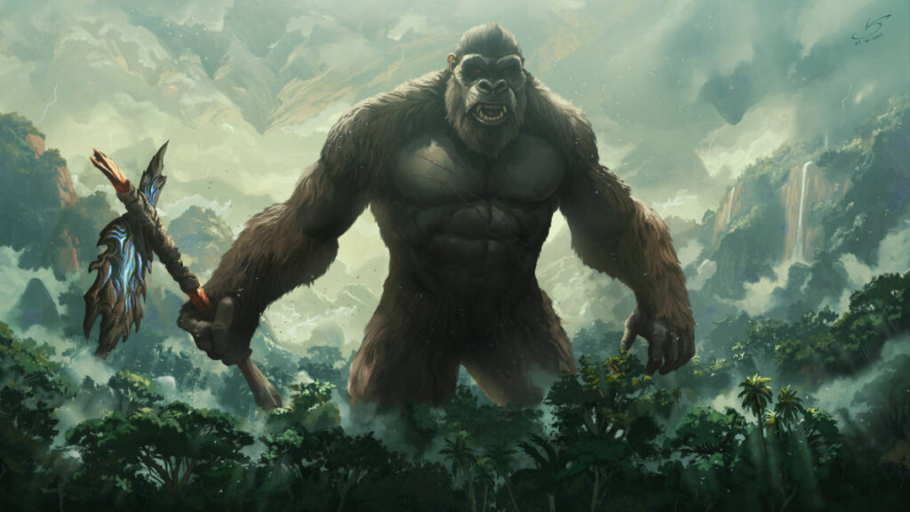 King Kong by VSales on DeviantArt. Artistic drawing of king kong towering above a jungle with an overcast sky behind him