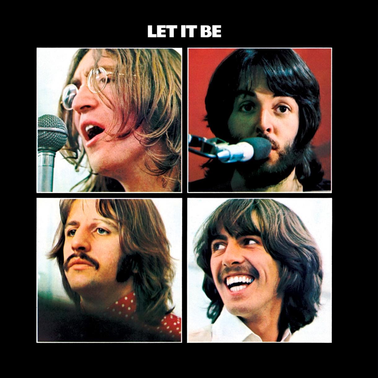 "Let It Be" by The Beatles album cover. Various pictures on each band member during performances fill the cover.