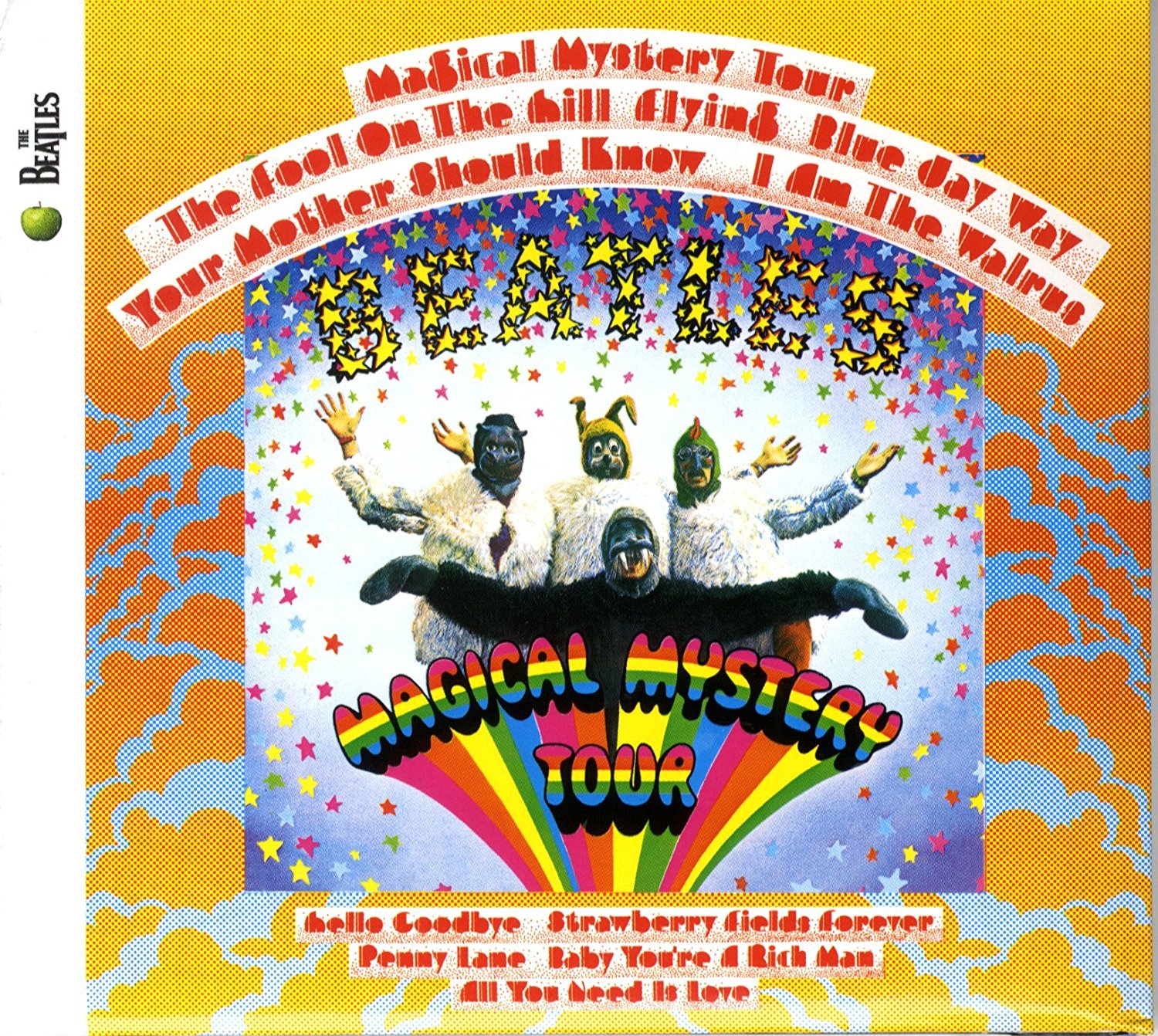"Magical Mystery Tour" by the Beatles album cover. Members of the band are in various costumes against a primary blue-white gradient background 