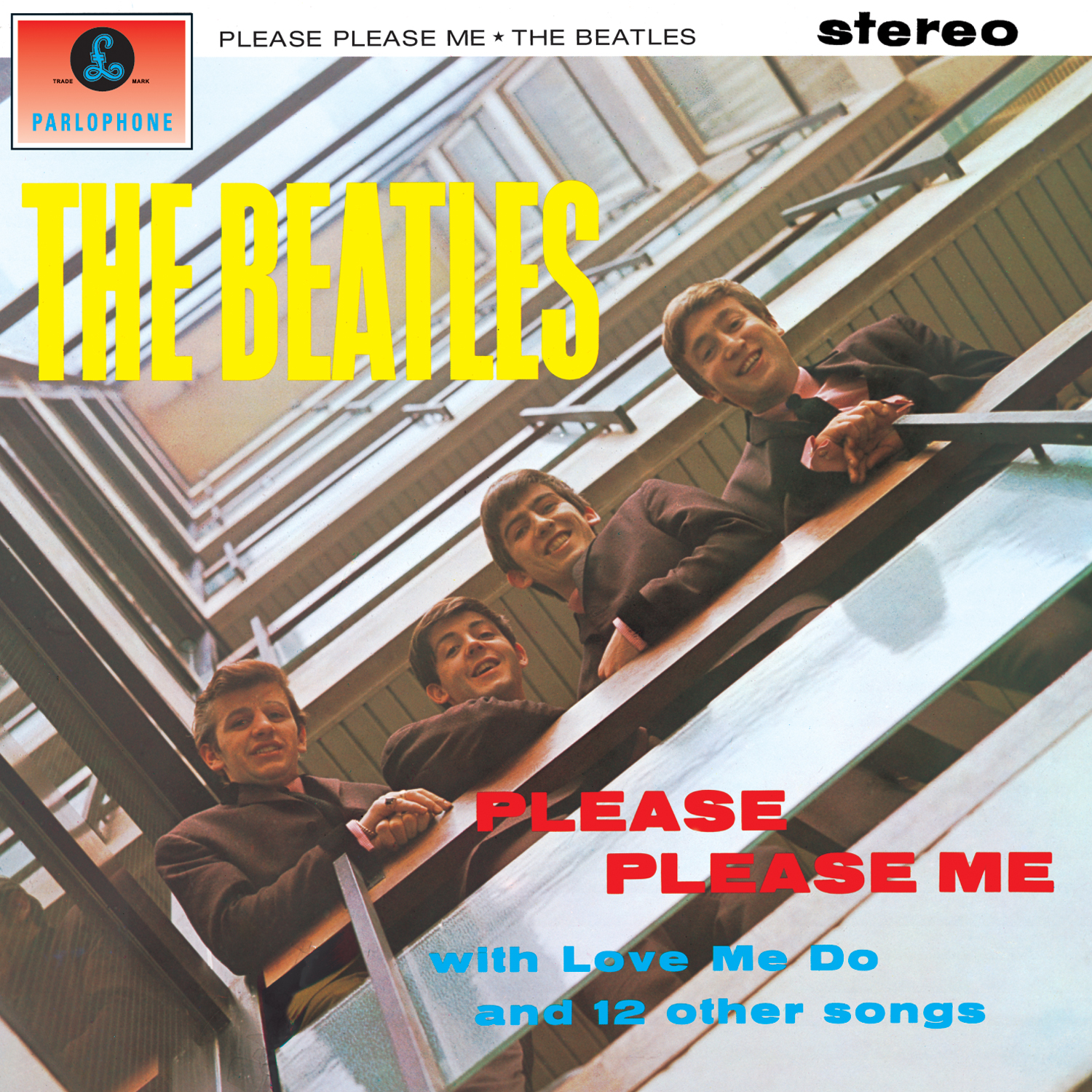 "Please Please Me" by The Beatles album cover. Members of the band are in a stairwell looking over and down a couple levels while the camera is shooting up the stairwell