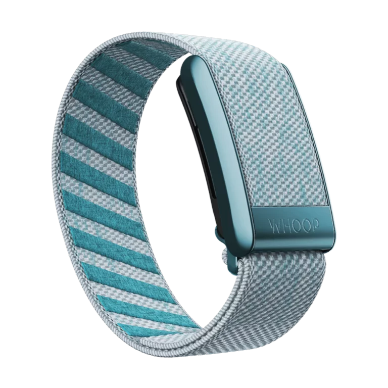 White and blue striped activity tracking band from Whoop