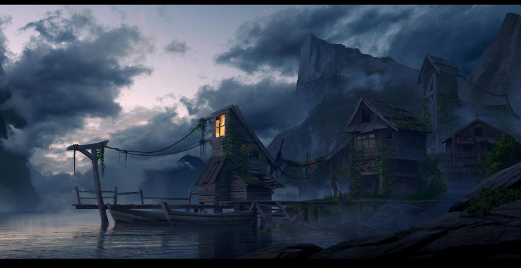 A dark, gloomy setting over a fishing village