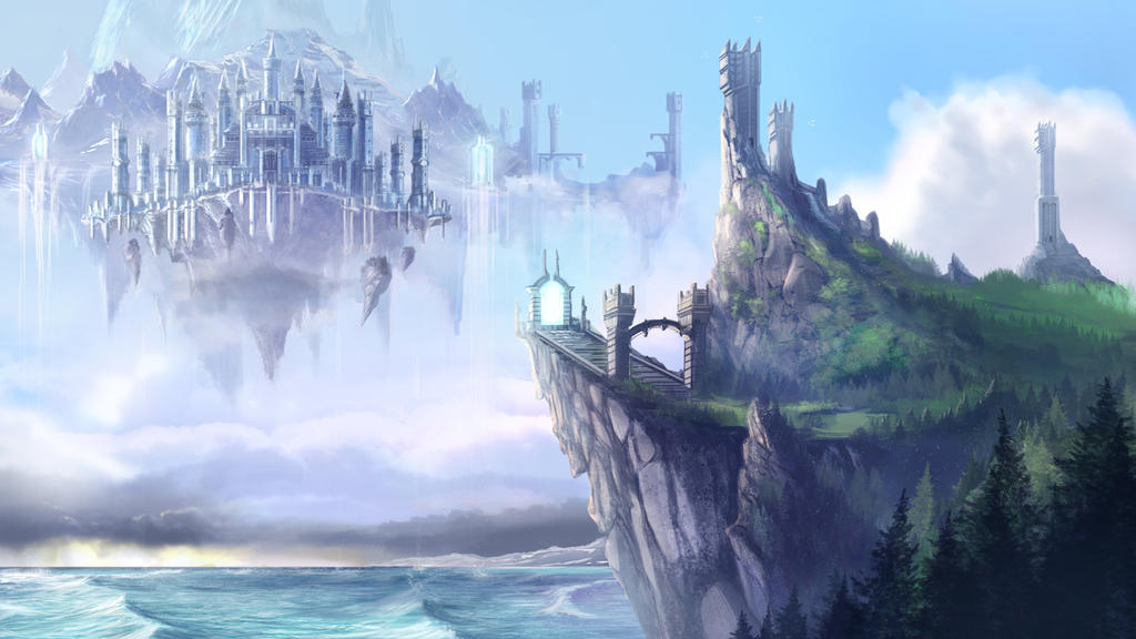 An ancient city floats in the sky off in the distance. An artistic interpretation of how Exandria, the official setting in dungeons & dragons, may look.