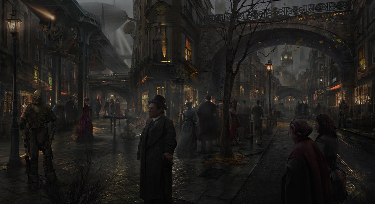 Victorian, steampunk style city setting