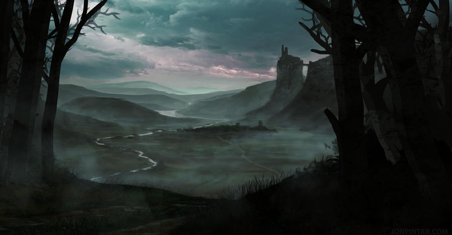 A dark, foggy, gloomy landscape. An artistic interpretation of how Ravenloft, an official setting in dungeons & dragons, may look 