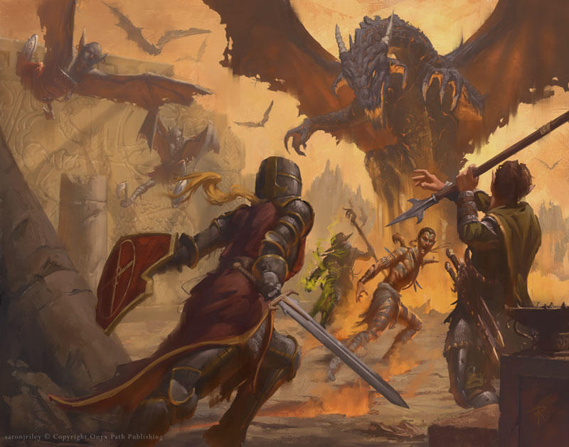 Men in heavy armor fight against enemies and dragons